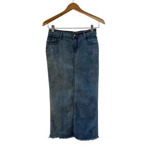 Falmer Heritage Jean  Denim Midi Length Straight Skirt Frayed Hem Back Split